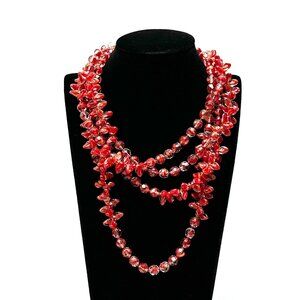 1920s-30s Czech Glass Sautoir Necklace —Bi-Color Red & Crystal Beads — 69" – EUC